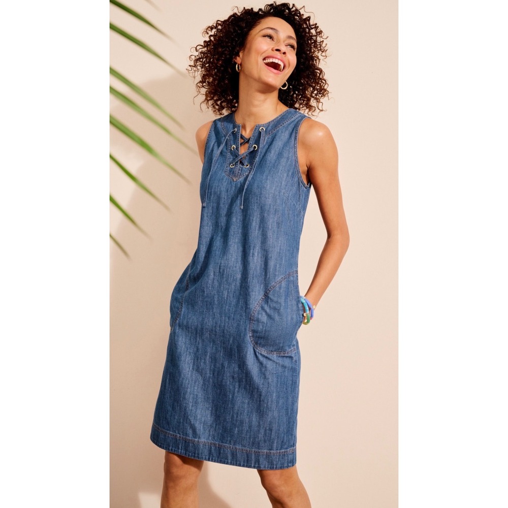 Talbots Denim Lace Up Shift Dress Blue Cotton Sleeveless Size 10P NEW